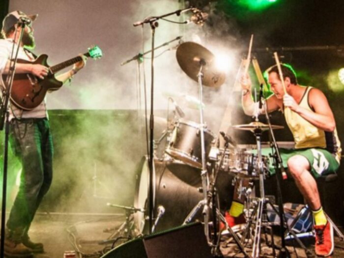 Potter and his band play in the marquee at a wedding ceremony in Devon