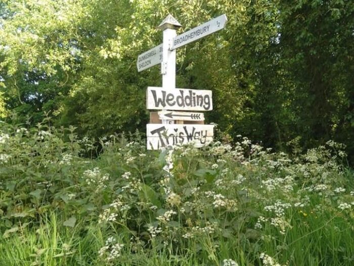 Wedding sign directing guests to Greenacre Events, Devon
